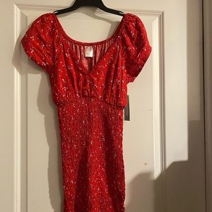 Red Flower Print Junior Short Sleeve Sundress